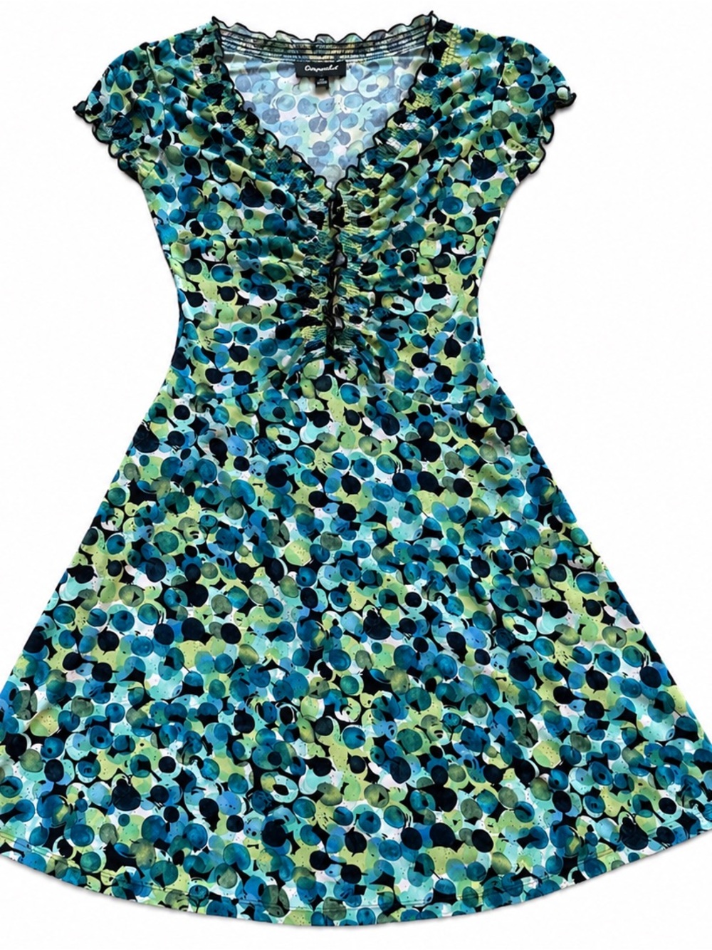 Connected Apparel Size 8 Blue Green Abstract Ruched V Neck Dress